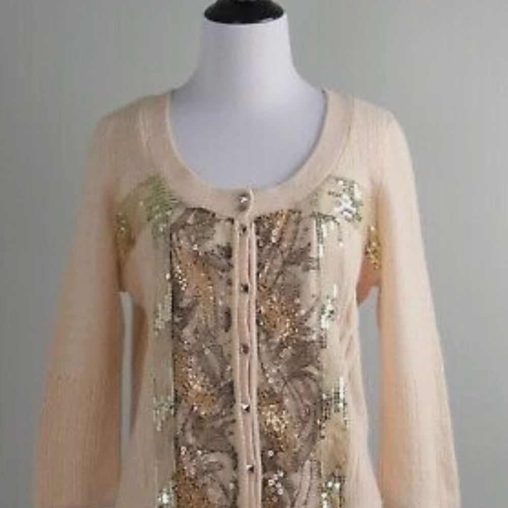 FREE PEOPLE Size M Pale Pink Beaded Sequins Knit Angora Wool Cardigan Sweater